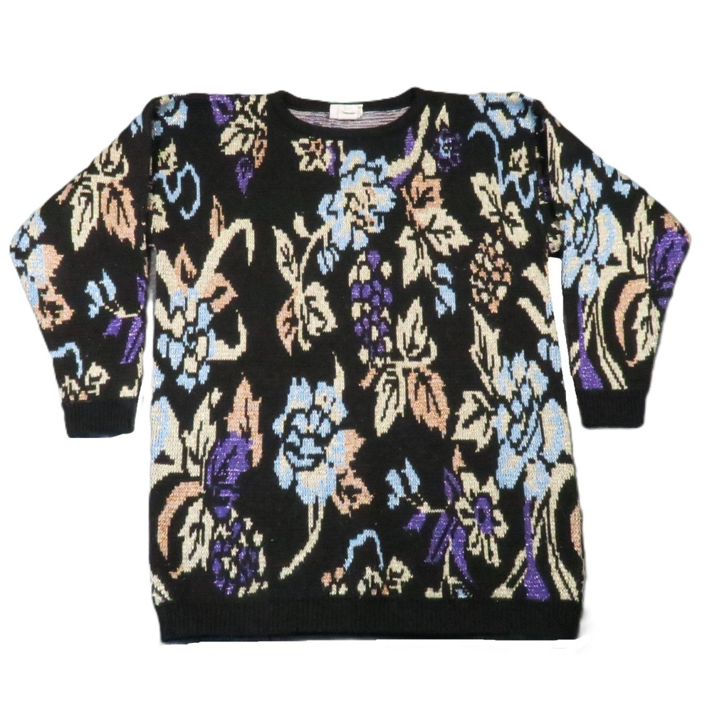 Vtg 80s 90s Sweater Large Black Floral‎ Abstract Metallic Dark Cottagecore Glam